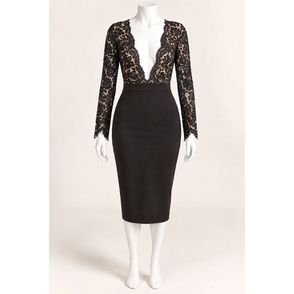 Women’s M Black Nude Illusion Lace Long Sleeve Bodycon Midi Cocktail Dress